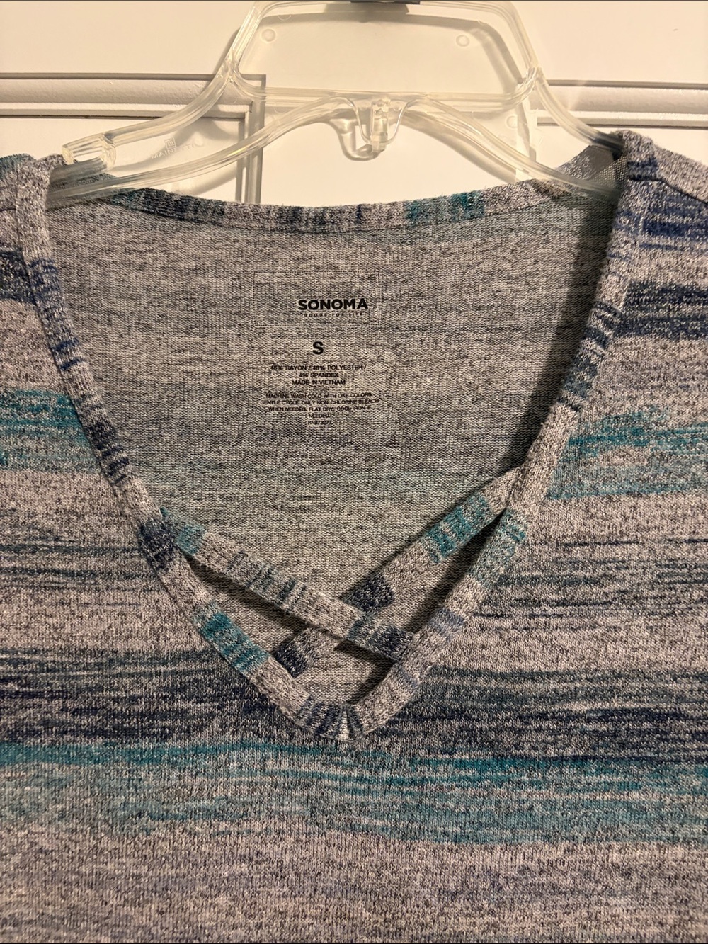 Sonoma Striped V-Neck lightweight Sweater in Gray, Teal & Navy - Picture 4 of 5